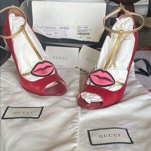 Gucci Red and Gold Lip Detail Heels